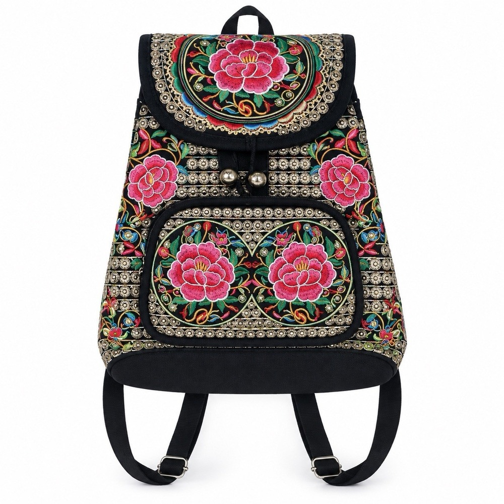 Mexican Floral Embroidered Backpack Purse Hippie Canvas Shoulder Bag Adjustable